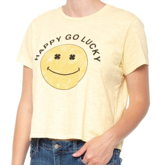 NWT Lucky Brand Happy Go Lucky Smiley Graphic Tee, Yellow  L - Picture 1 of 5